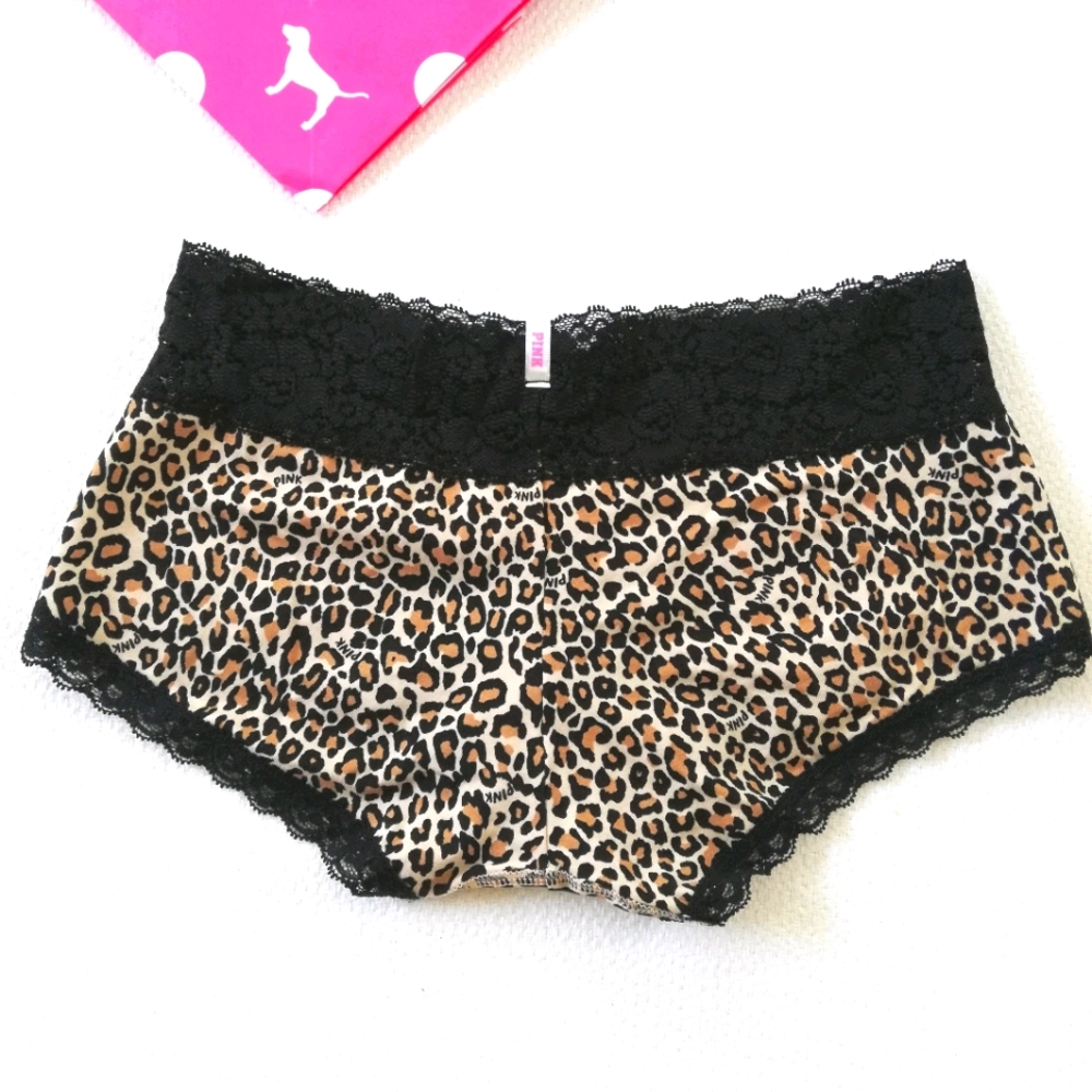 VS PINK black Lace Waist Boyshorts S Leopard Panty NWT small cheetah animal